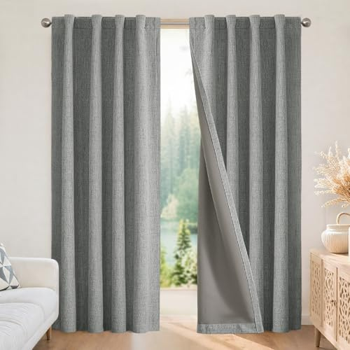 Joydeco 100% Blickdichte Vorhänge mit Schlaufen Verdeckten Leinenoptik, Verdunkelungsvorhang Stangendurchzug Gardinen Thermovorhang Leinen Hitzeschutz für Wohnzimmer