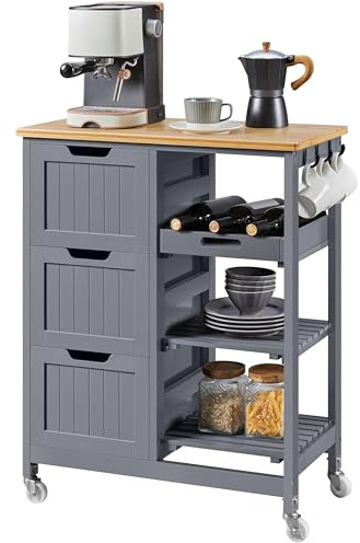 Yaheetech Bewegliche Kücheninseln Küchenwagen mit 3 Schubladen & 3 Ablagefächer Servierwagen auf Rollen mit Bremsen Rollwagen 67 cm L × 37 cm B × 84,5 cm H Dunkelgrau