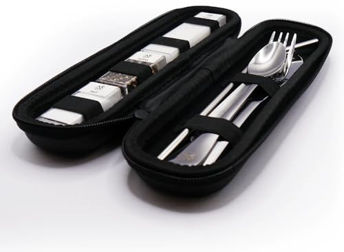 The Nomads Kitchen Portable Cutlery Set with Case | Reusable Stainless Steel Knife, Fork, Spoon & Straw + Salt, Pepper & Sugar | Camping Cutlery Set for Travel, Work, Hiking & Outdoor Eating