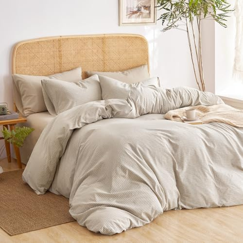 Wake In Cloud - Striped Cotton Duvet Cover Set, 100% Washed Cotton Textured Percale Bedding Set, Ticking Stripe Pinstripe Farmhouse, 3 Pieces, Tan, Queen Size