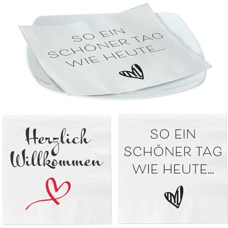 Murago - Servietten 40er-Set Herzlich Willkommen & So EIN schöner Tag wie Heute ca.33x33cm - Motiv Dekoration Papierservietten Herz mit Spruch Weiß Schwarz Rot