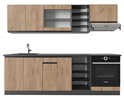 Vicco Küchenzeile R-Line, Küchenblock, Goldkraft Eiche/Anthrazit, 240 cm, AP Marmor