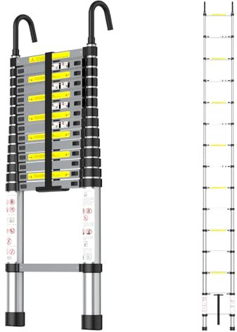 Kidsgigglz Echelle Telescopique, 4,4m Escabeau Telescopique, Échelle Télescopique en Aluminium avec Crochet, Echelle de Toit Pliable, Escabeau Multifonction, Hauteur Réglable, Charge Max 150 kg