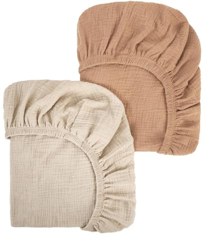 Moses Basket Sheets 80x40 cm, 100% Cotton Pram Sheets Fitted, Muslin Bassinet Sheet for Boys and Girls, Baby Crib Fitted Sheets Fit for Oval Rectangle Matress, 2 Pack, Caramel