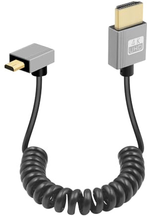GELRHONR Cable Micro HDTV a HDTV en Espiral, 90 Grados, 18Gbps, Compatible con 4K@60Hz y 3D, para Cámaras y Tarjetas de Captura (Down Angle)