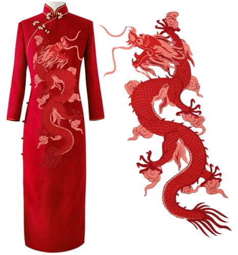 Aufnäher, Motiv: roter Drache, bestickt, zum Aufnähen, Emblem, großer Drache, Stickerei, Stoffapplikation für Kleid, Cheongsam-Dekoration