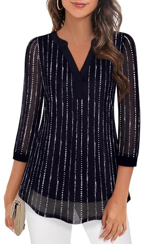 Flikity 3/4 Sleeve Tops for Women UK,Blouses for Women UK Ladies Tops Dressy Tunic Tops to Wear with Leggings Fall Work Professional Dress Shirts Business Attire Office Clothes Black White L