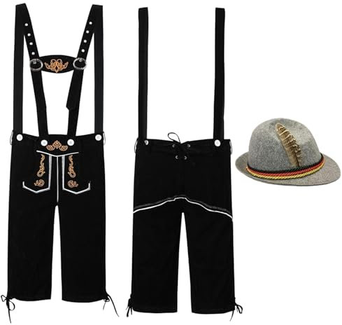 Bayerische Premium Lederhose Herren Tracht Trachtenhose Herren Kurz Bestickt Original Trachtenlederhosen für mit Hosenträger Trachtenhut Trachten Kurze Schwarz Trachten Oktoberfest Outfit