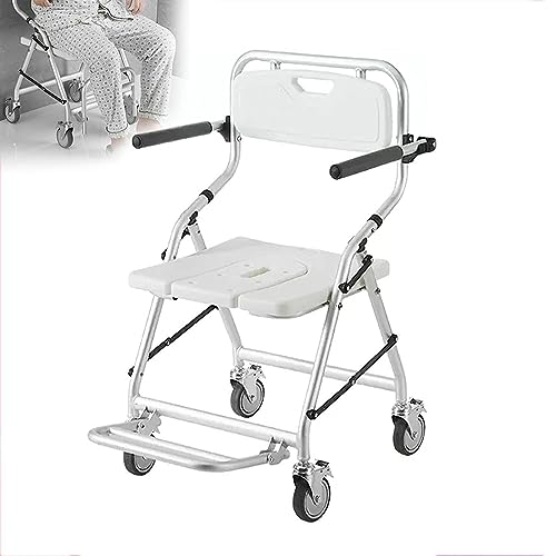 HPTHLY Duschstuhl mit Rädern, Faltbarer Duschhocker für Senioren mit Rückenlehne und Bremse, Badezimmerhocker mit Hygieneausschnitt, für ältere Men,