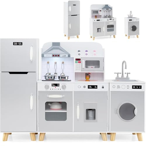 Maxmass Kids Wooden Kitchen, Modular Children Toy Kitchen with Lights, Sounds, Refrigerator, Washing Machine, Ice Maker and Cookware Accessories, Pretend Role Play Kitchen for 3+ Years Old