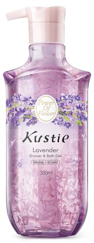 Kustie Lavender Petal Body Wash - Real Visible Flower Petals in Pump Bottle - Antibacterial, Moisturizing & Anti-Acne Shower Gel with Tea Tree Oil & 24H Perfume Scent for Sensitive Skin, 380ml
