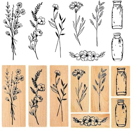 8 Stücke Holzstempel,Pflanze Mustern Stempelset Gummi Prägestempel | Bastelstempel Vintage Blume Holz Tagebuch Stempel,für Kartenbasteln Scrapbooking Bullet Journal Geschenkverpackung