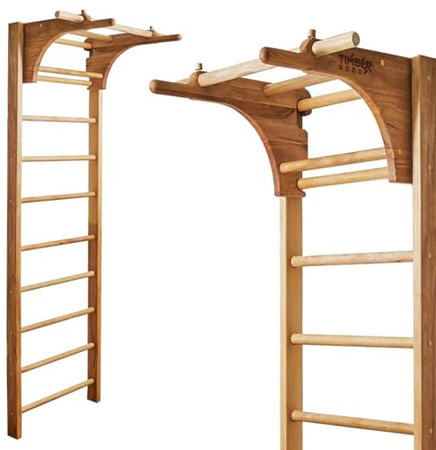 Swedish Ladder Wall Stall Bars for Kids and Adults, made of Solid Beech Wood, Withstands Loads up to 880 lbs, with Removable Pull-Up Bar, Dip Bar, Gymnastics and Exercise Indore Gym