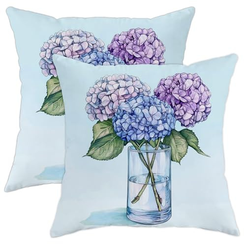 Set di 2 federe per cuscini con ortensie, motivo floreale blu, viola, quadrate, decorative per la casa, per divano, letto, decorazione primaverile, 50 x 50 cm