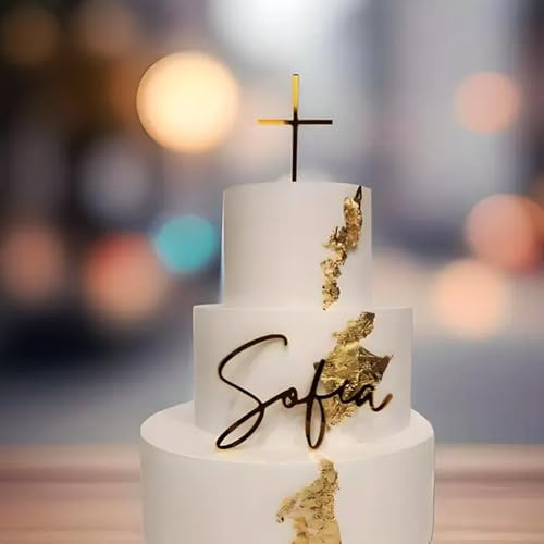 Adorno For Tarta Con Nombre Y Cruz Personalizados For Bautizo, Primera Comunión Y Eventos Religiosos