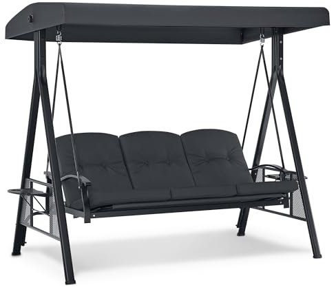 M MCombo 3-Sitzer Hollywoodschaukel mit Liegefunktion, Verstellbarem Sonnendach & Getränkehalter, Gartenschaukel bis 360kg Belastbar Schaukelbank Outdoor Wetterfest 204x118x181 cm 4093 (dunkgelgrau)