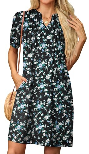 GRECERELLE Abito estivo casual da donna, a manica corta con scollo a V, vestito dritto per donne e signore, abito in stile t-shirt con tasche, L