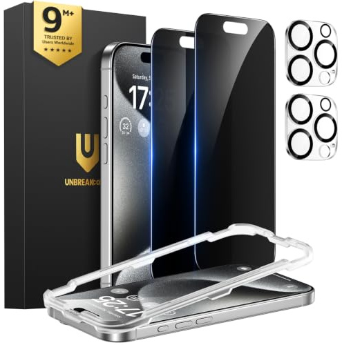 UNBREAKcable iPhone 15 Pro Sichtschutzfolie 2 Stück, Verbessertes Doppelt Gehärtetes Glas + 2 Kamera-Schutzfolien, 25° Anti-Spy, Military-Grade 9H+, HD-klar, Anti-Fingerprint, 6,1 Zoll