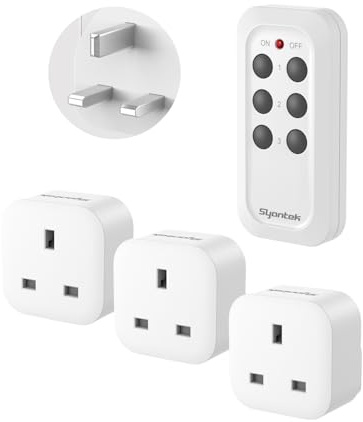 Syantek Remote Control Plug Socket Set UK, Wireless Remote Power Switch with 3 Sockets, 13A/3120W, 40m Range, for Lamps, Heaters, Christmas Lights