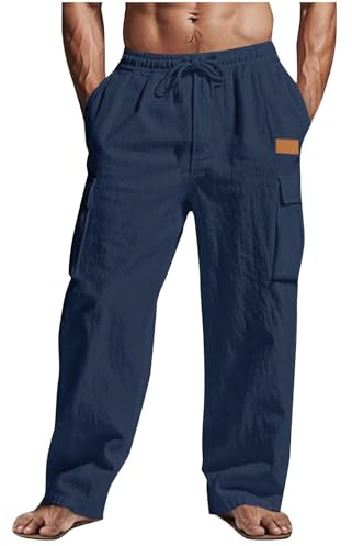 CSHE Jogginghose Herren Sommer Leinenhose Leicht Freizeithose Bequem Atmungsaktive Sporthose Einfarbige Leinen Hose mit Taschen Elastischer Weite Bein Cargohose