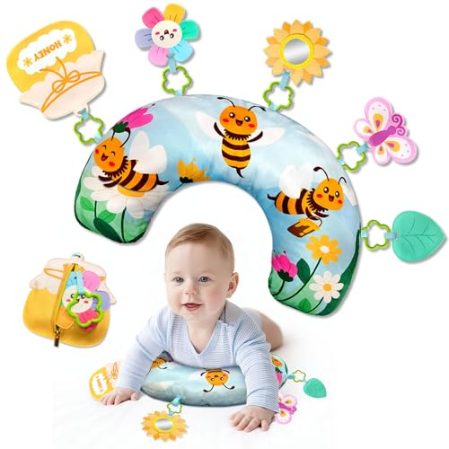 BOHEMIABY Bee Baby Tummy Time Pillow, Toddler Sensory Activity Toys, Newborn Tummy Time Pillow with Removable Sunflower Mirror, Butterflies, Honey Pot Zipper Pockets Toys for 0-6 Months Babies