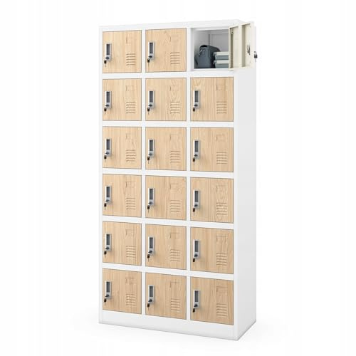 Jan Nowak Umkleideschrank 3B6A Fächerschrank Schließfachschrank mit 18 Fächern Metall Pulverbeschichtung 185 cm x 90 cm x 40 cm (Weiß-Holz)
