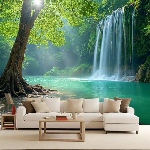 Carta da Parati 3D Paesaggio Verde Foresta Cascata Murales 400x280 cm Tessuto Non Tessuto Fotomurale, Moderna Carta Parati Camera da Letto Opaco Wallpaper Per Soggiorno Camera Ragazzi Sala Ufficio