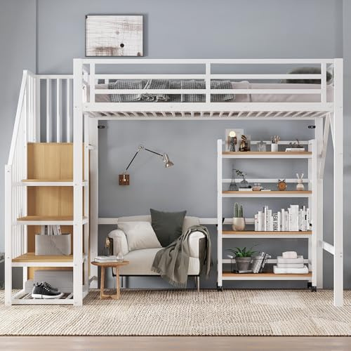 NuvlaGu Eisenbett 90x200cm, Hochbett, Vierstöckiges Regal mit Rollen, Jugendbett mit Kleiderstange und Eckleiterschrank, Eisen + MDF