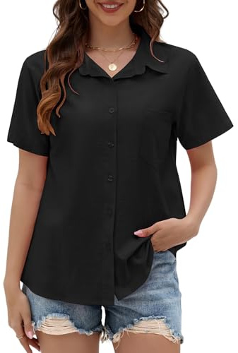 Yuson Girl Chemisier Femme Manche Courte Blouse Été en Lin Coton Chemise Col en V Boutonnée Hauts Couleur Unie Élégantes Chemiser Tops Décontracté Ample Tunique T-Shirt(Noir, XL)
