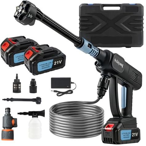 Akku Hochdruckreiniger 21V, Tragbarer Hochdruckreiniger Akku mit 2x4000mAh Akkus, 6-in-1 Multifunktionsdüse, 5 Meter Schlauch, Schaumsprühflasche, Akku Druckreiniger für Auto, Garten, Rasen (Schwarz)