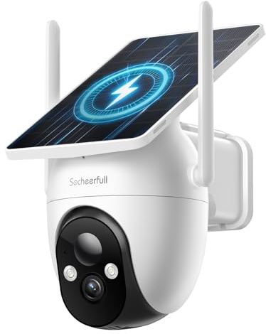 Socheerfull 2K Überwachungskamera Aussen Solar - Akku, Kabellose 2,4GHz WLAN Kamera mit Integriertem Solarpanel, 350° Rundum-Überwachung, KI-Erkennung, Farbnachtsicht und 2-Wege-Audio,IP66 Wetterfest
