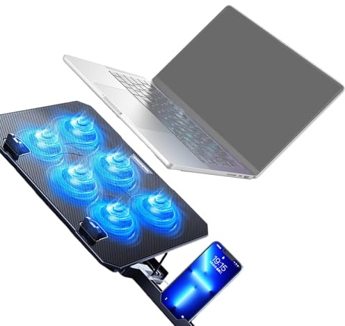 HUAJINGKEJI 6 ventiladores silenciosos para laptop, iluminación de refrigeración ajustable, plegable, almohadilla de refrigeración LED con 2 puertos USB, soporte para teléfono, accesorio para portátil