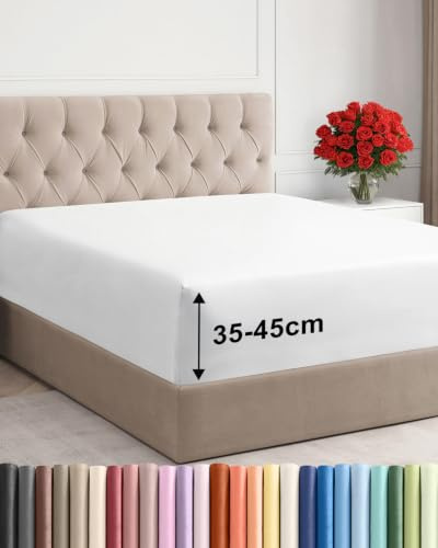 Spannbettlaken 180x200 - Mikrofaser Bettlaken 50cm (18) tief - Weiß | Spannbetttuch, Boxspringbett, Hohe Matratzen, Topper, Weich, Knitterfrei, Bügelfrei, Atmungsaktiv, Hypoallergen, OEKO-TEX