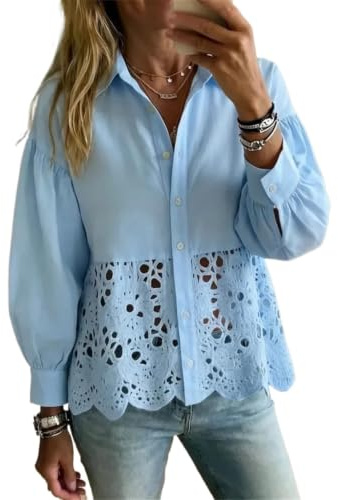 Dam, bomull, linne, button-down-skjorta, långärmad, blus, sommartoppar, v-ringad, button-down-skjortor, linneblusar för kvinnor, BLÅ, 3XL