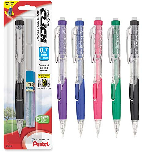 Pentel Twist-Erase Click Automatischer Bleistift mit 2 Radiergummi-Minen und Blei, 0,7 mm, verschiedene Fässer (Farbe kann abweichen)