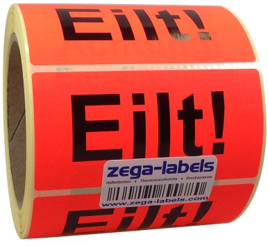 Warnetiketten auf Rolle - Eilt - 500 Stück je Rolle - 100 x 50 mm - Leuchtrot Haftpapier stark haftend - Versandaufkleber