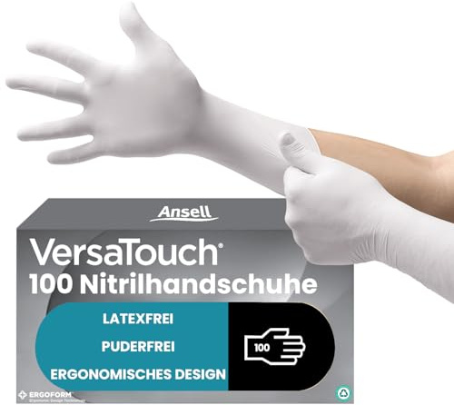 Ansell VersaTouch 92-205 Latexfreie Einweghandschuhe, Lebensmittel Handschuhe Puderfrei, Einmalhandschuhe Weiß, Chemikalien-Schutzhandschuhe, Nitrilhandschuhe L (100 Stück)