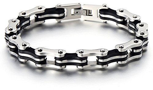 COOLSTEELANDBEYOND Masculino Pulsera de Hombre, Brazalete de Acero, Bike Chain, Cadena Bici, Color Negro Plata, con Caucho Negro