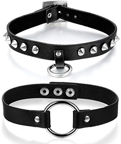 Cupimatch Choker Kette Set Gotik Punk Rock Lederhalsband Halskette Set Strass Halsketten Set Trachten Samt Kropfband Leder Schwarz Einstellbar Kragen Halsband mit Spike Nieten Kreis für Frauen Mädchen