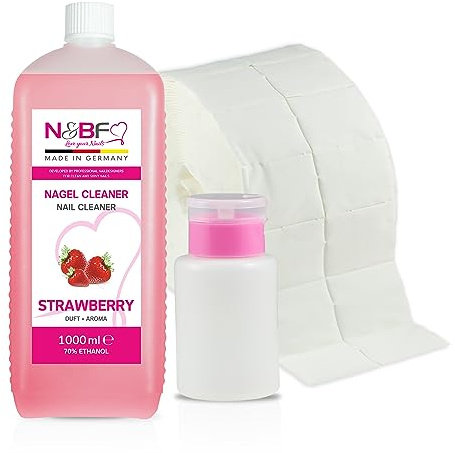 NAILS FACTORY Nagel Cleaner Erdbeer Duft 1000ml + Dispenser Pumpflasche Rosa + 1000 fusselfreie Zelletten | Nail Cleaner für Schwitzschicht & Feilstaub | 70% Ethanol | Nageldesign Set