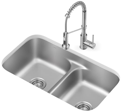 KRAUS Premier 32 in. Undermount 50/50 Double Bowl 18-Gauge Stainless Steel Kitchen Sink and Commercial Style Pull Down Faucet in Spot-Free Stainless Steel, KCA-1200