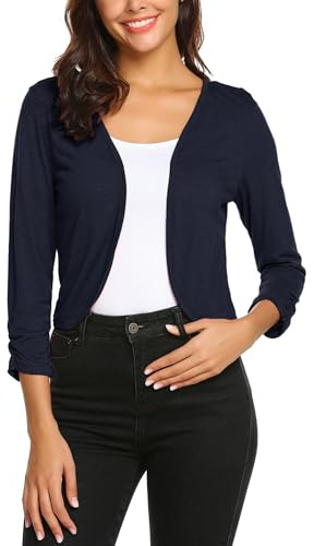 Parabler Bolero Damen Festlich Sommer Bolerojacke Open Front Jacke Elegant Cardigan 3/4 Ärmel Strickjacke Marine Blau Größe L
