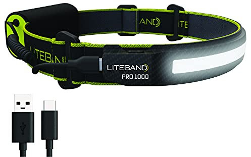 Liteband PRO - Linterna frontal LED de 1000 lúmenes, súper brillante, funciona con pilas, recargables, para camping, correr, casco duro, linterna de frente manos libres, color carbono