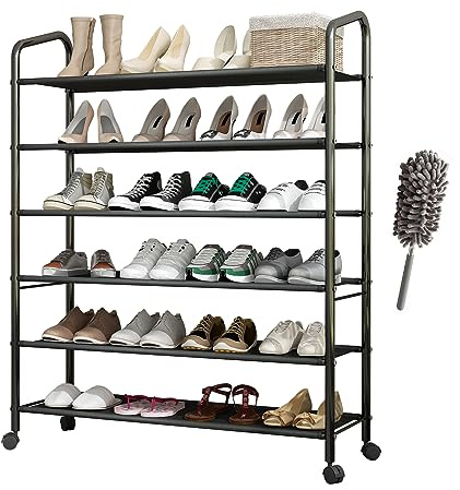 LEAIJIAFY Hohes 6-stöckiges Metall-Schuhregal, Vliesstoff-Schuhregal, große Aufbewahrungsregale mit feststellbaren Rädern, rollender Schuh-Organizer, Schuhständer, für Garage, Wohnheim, Schwarz