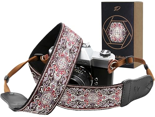 Padwa Lifestyle Sangle Appareil Photo - Extrémités en Cuir de Vachette Ddouble Couche,Sangle D'appareil Photo en Coton Brodé de 2,Bandoulière Photographe Réglable Pour Tous Les Appareils Photo DSLR