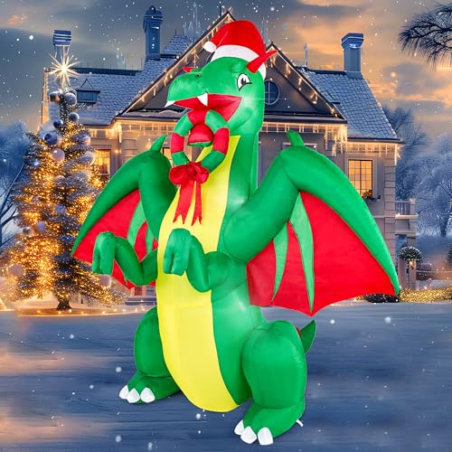 Joiedomi 2,44 m Weihnachtsdrache Aufblasbar, Realistischer Grüner Weihnachtsdrache Aufblasbar mit Eingebauten LEDs Aufblasbare Dekorationen für Party Innen, Außen, Hof, Garten, Rasen Außendekoration
