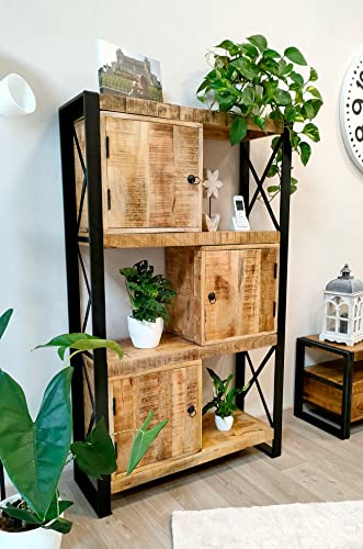DARO DEKO Holz Regal eckig braun 91 x 150cm mit schwarzem Metall Gestell Schrank mit Fächern und Türen Wohnzimmer Schlafzimmer Küche