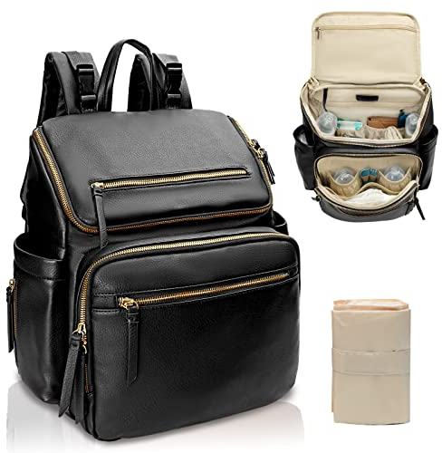 MISS FONG Baby Wickelrucksack Wickeltasche, Leder Rucksack mit Multifunktions-Babytaschen, 19 Wickeltasche Organizer, Wickelunterlage, Wickeltasch Kinderwagen Haken-Schwarz