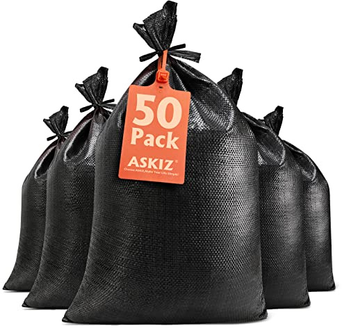 ASKIZ Kraftiga sandsäckar – 40 x 64 cm UV-skyddade polypropylen sandsäckar för översvämning (svart, 50-pack)