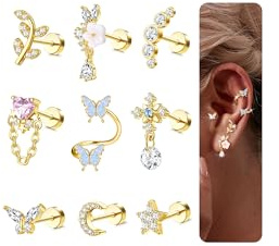 Chriscoco 16G Helix Tragus Ohrringe - Chirurgenstahl Piercing mit CZ Schmetterling, Blume, Mond - Gold/Silber Knorpel Conch Ohrstecker Flache Rückseite